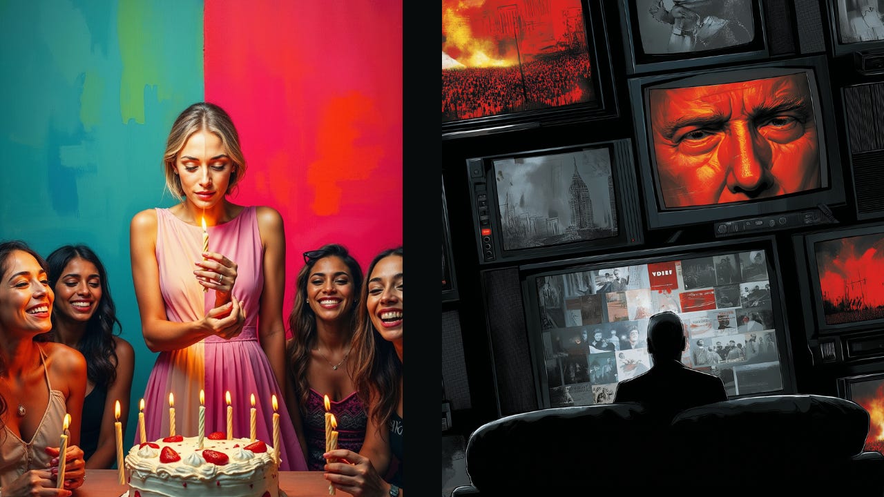 Split-screen image: On the left, a joyful birthday celebration with smiling women around a lit cake; on the right, a dark living room with a man watching apocalyptic news on multiple TV screens showing fire, war, and authoritarian figures. A stark contrast between joy and global crisis.