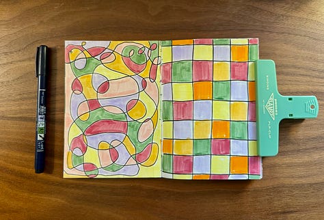 Three sketchbook drawings showing line art with vibrant colors