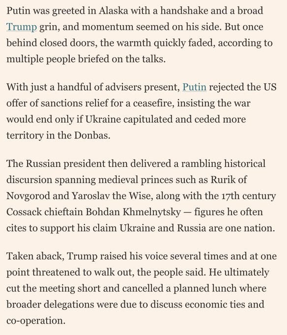 Text excerpt from a news article detailing diplomatic talks between Putin and Trump in Alaska including greetings behind closed doors rejections of sanctions relief historical discussions on Ukraine Russia relations and abrupt meeting end with voice raising and lunch cancellation.