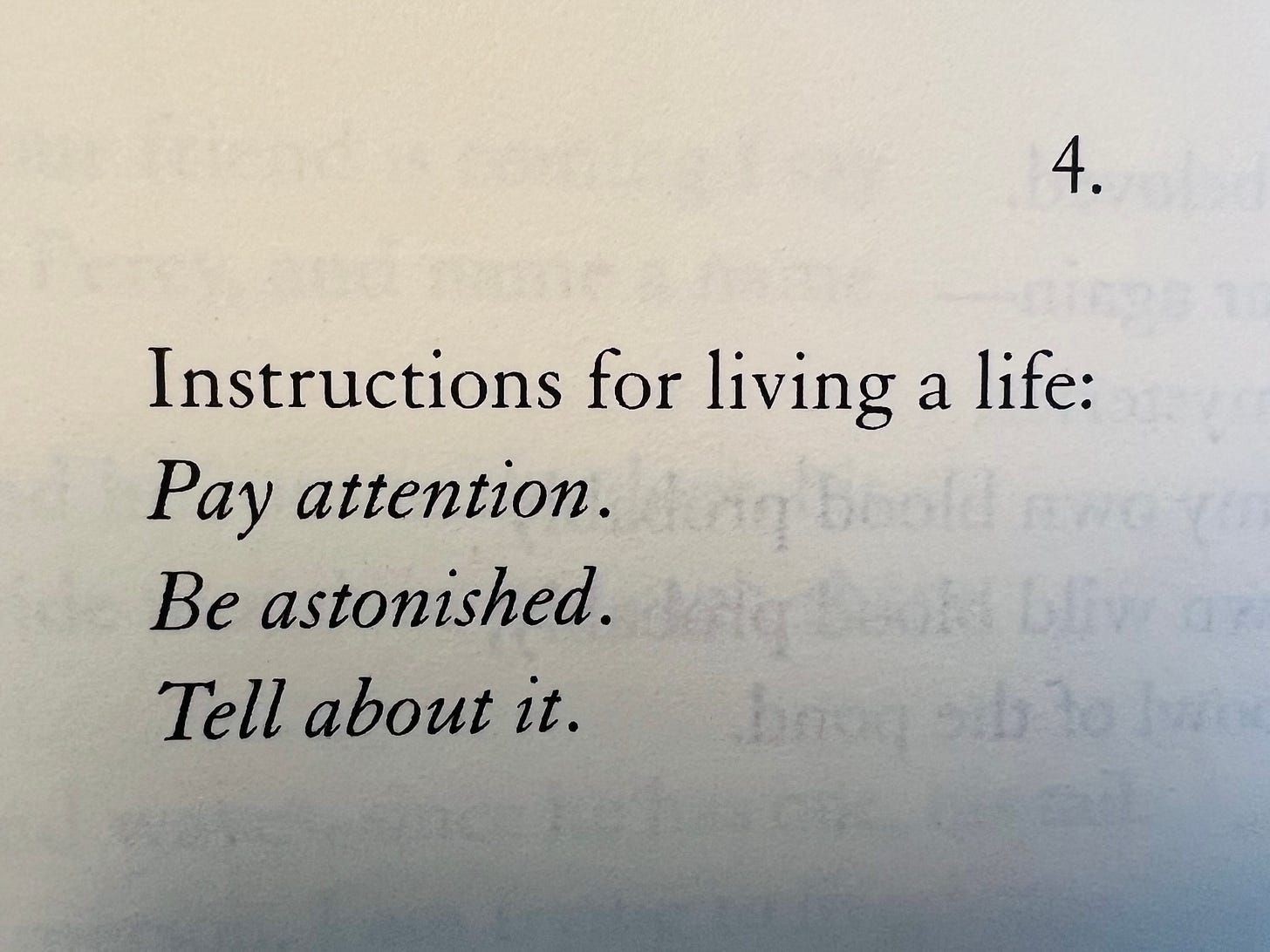 Photograph of a poem by Mary Oliver: "Instructions for living a life: Pay attention. Be astonished. Tell about it."