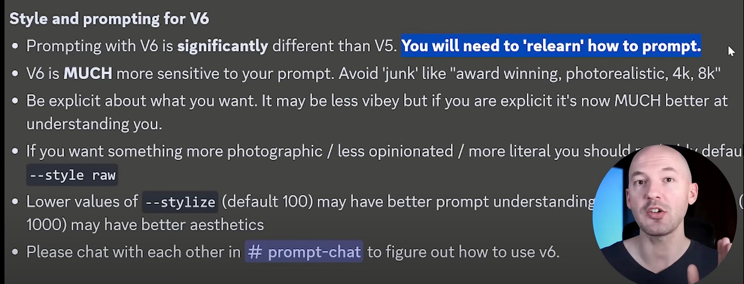 Exibição do texto no Discord do Midjourney sobre estilo e prompt na versão 6.