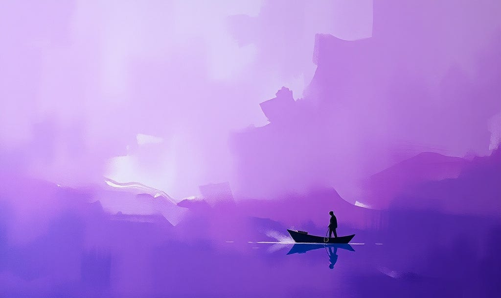 person in a boat floating on a calm lake with purple background