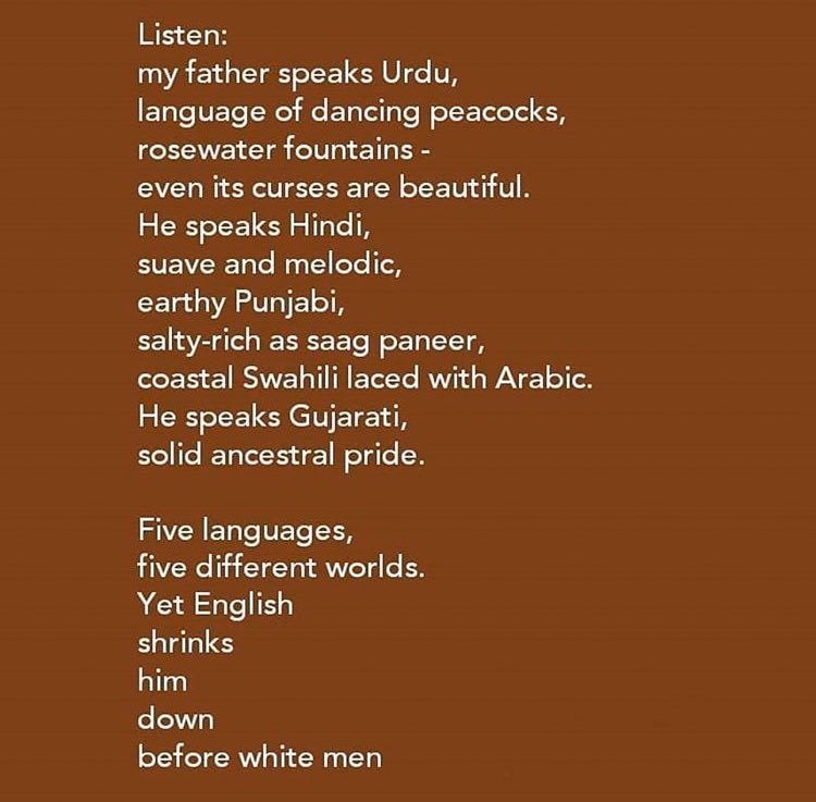 tragicbrowngirl on Twitter: "'My father speaks Urdu Language of dancing  peacocks.' —Migritude by Shailja Patel… "