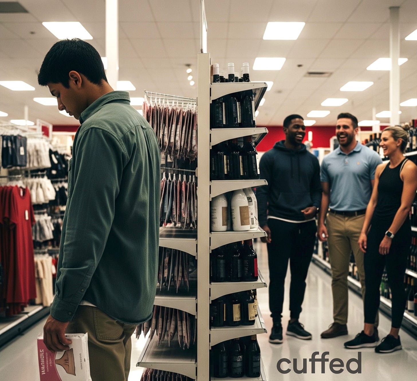 A young man stands alone in a Target aisle, holding a box of tampons with his head down, while a group of men and a woman laugh nearby—capturing the shame, isolation, and emotional weight many men feel in modern masculinity. Image reinforces themes of vulnerability, male discomfort, and societal pressure from cuffed musing no. 1. A young man stands alone in a Target aisle, holding a box of tampons with his head down, while a group of men and a woman laugh nearby—capturing the shame, isolation, and emotional weight many men feel in modern masculinity. Image reinforces themes of vulnerability, male discomfort, and societal pressure from cuffed musing no. 1.
