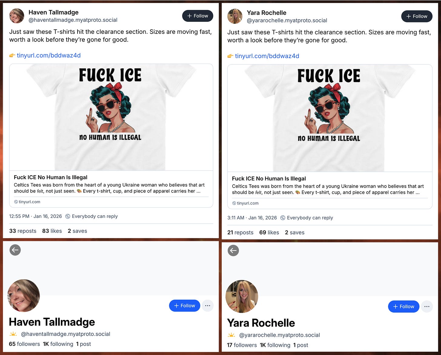 screenshots of two Bluesky posts from different users with the same text: "Just saw these T-shirts hit the clearance section. Sizes are moving fast, worth a look before they’re gone for good."