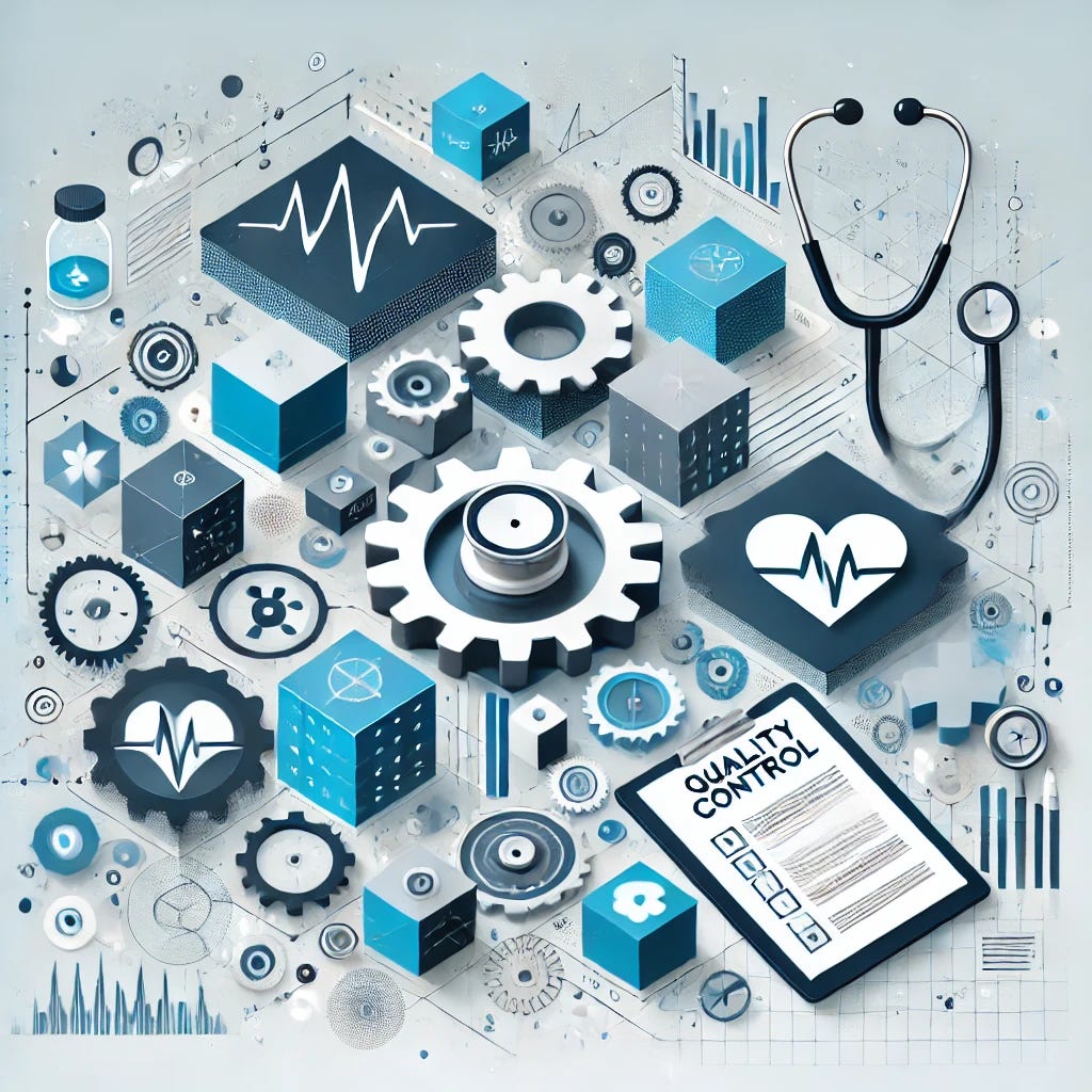 An abstract conceptual image representing quality control in healthcare. Elements include geometric shapes resembling checkboxes, cogs, and flow diagrams integrated with medical symbols like stethoscopes, heart rate monitors, and clipboards. The composition is balanced, using blue and white tones to evoke professionalism, cleanliness, and trust. The style is modern and minimalistic, suitable for use in a healthcare blog about evidence-based practice and regulatory systems.