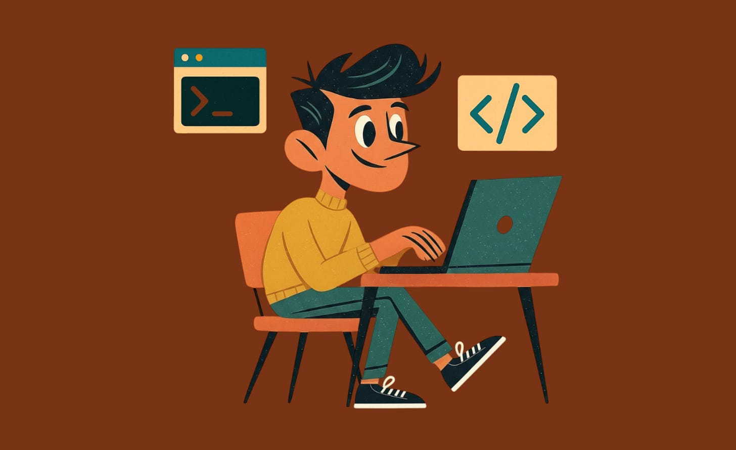 A graphic image of a man sitting at a desk in front of a laptop with software programming symbols above his head.