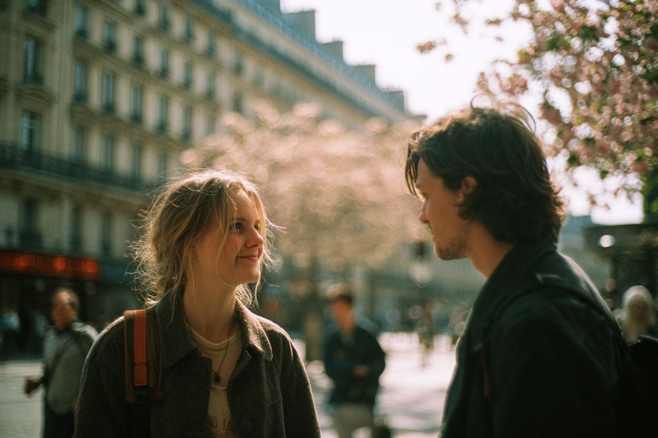 eux personnes se saluant dans une rue parisienne au printemps, regard échangé, atmosphère douce et légèrement distante