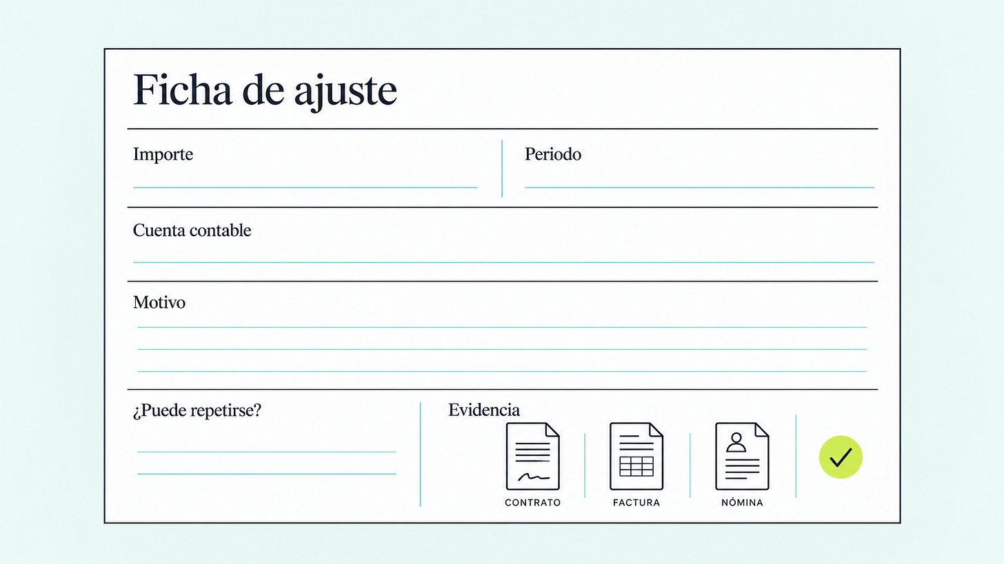 Ficha visual con la información y documentación necesaria para defender un ajuste de EBITDA.