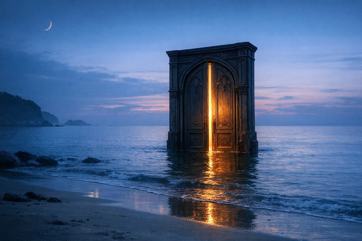 An ornate gothic door standing partially submerged in calm twilight water, warm golden light spilling from the crack, crescent moon above