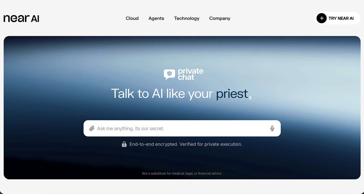 Interface of NEAR Private Chat showing a secure AI chat environment with end-to-end encryption and privacy-focused messaging Interface of NEAR Private Chat showing a secure AI chat environment with end-to-end encryption and privacy-focused messaging