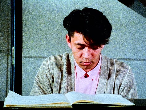Still images from Tokyo Melody: three photos of Sakamoto playing the piano.
