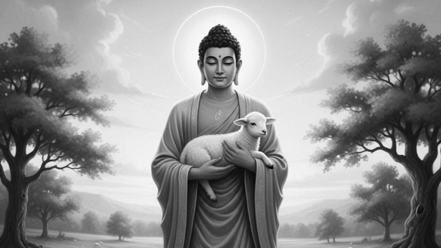 A grayscale image of a Buddha statue holding a lamb, framed by trees and a halo of light.