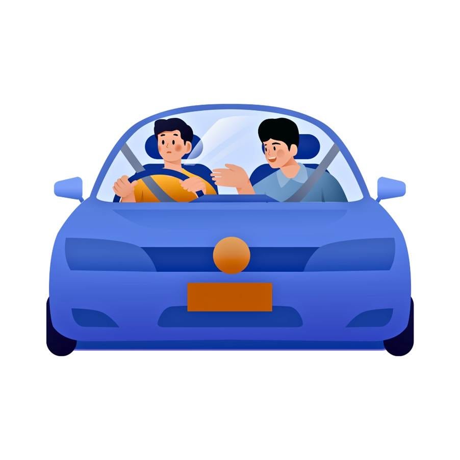 Illustration of a car from the front with a driver and passenger talking inside.