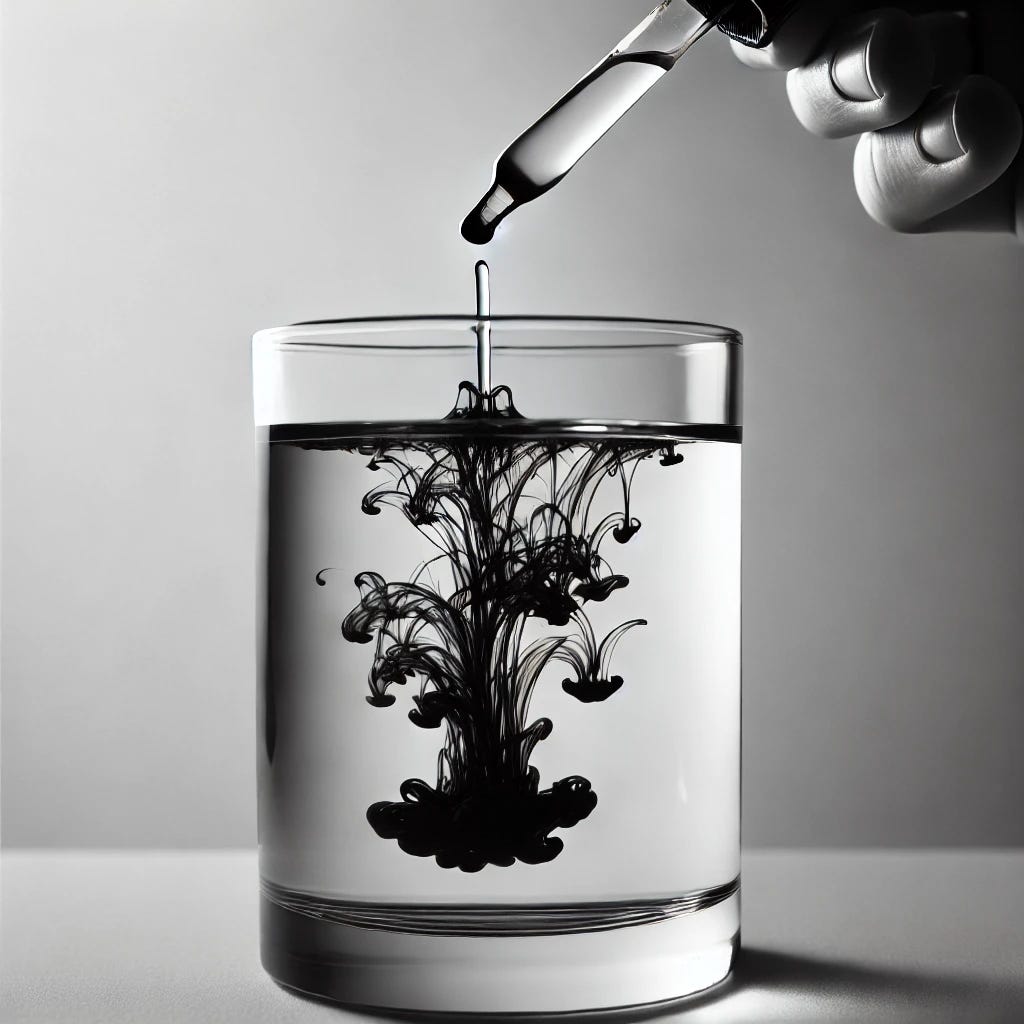 A close-up of a clear glass of water with a dropper releasing a single drop of black ink into the top of the glass. The ink starts diffusing, creating dark swirls at the point of contact, gradually lightening and fading as it disperses downward into the water. The contrast between the dark ink and the clear water symbolizes the permeation of sin into a pure soul. The background is simple and soft to focus entirely on the diffusion process.