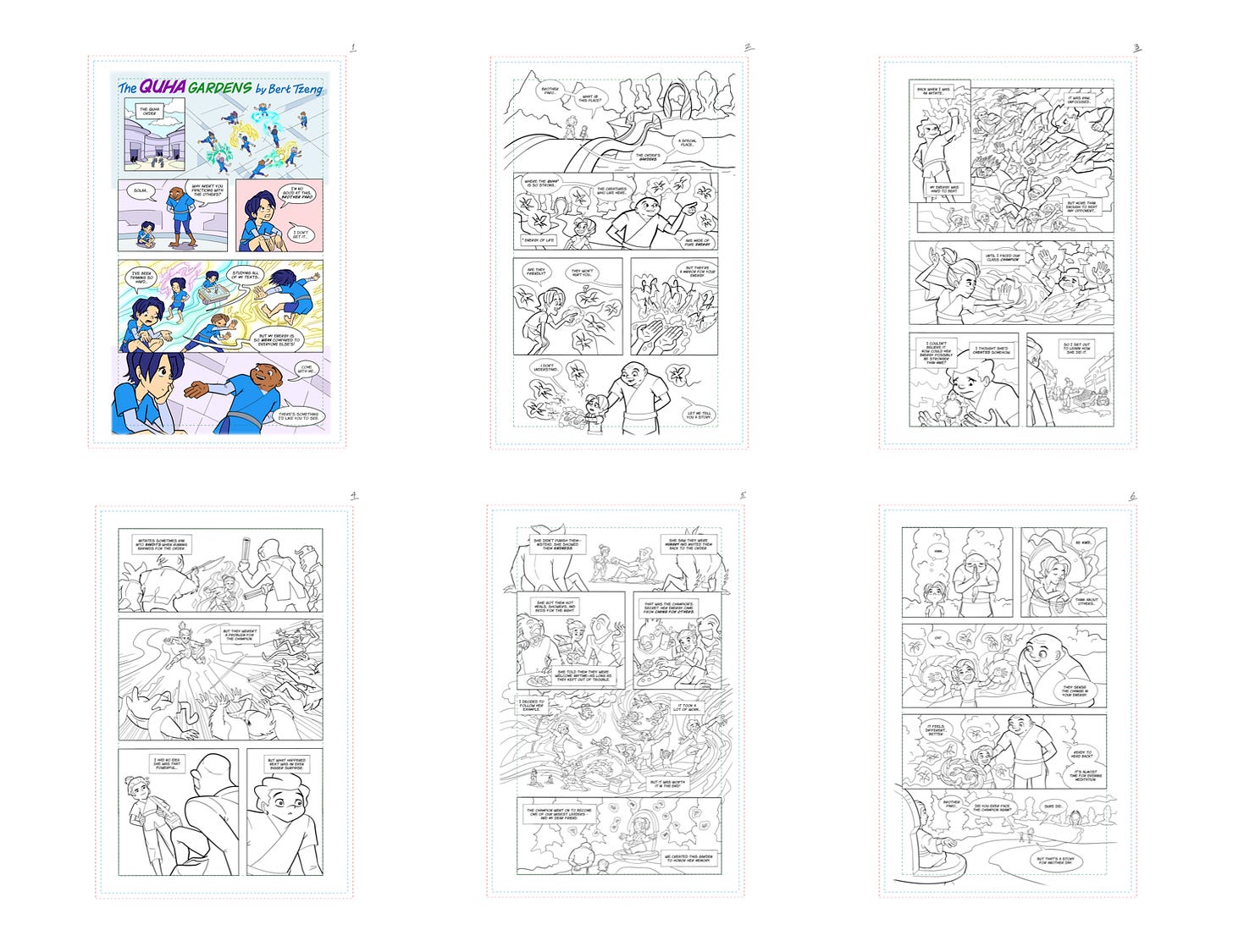 A composite image showing all 6 pages of my revised, inked comic story.
