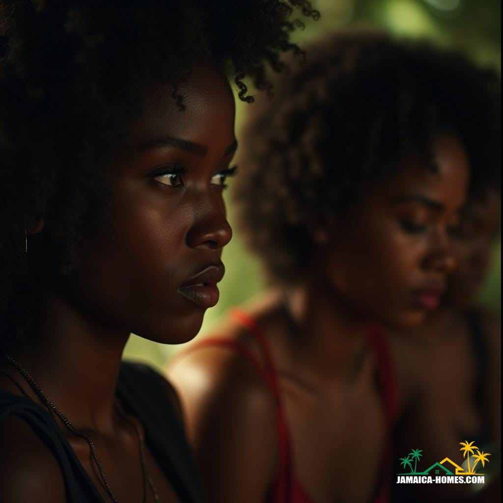  Close-up cinematic film still of beautiful Jamaican people, captured on V-Raptor XL with 35mm film grain, exuding a live-action, atmospheric masterpiece. Dramatic cinematic lighting and color grading create stunning, post-processed realism, with a subtle vignette enhancing the epic, best-quality composition.