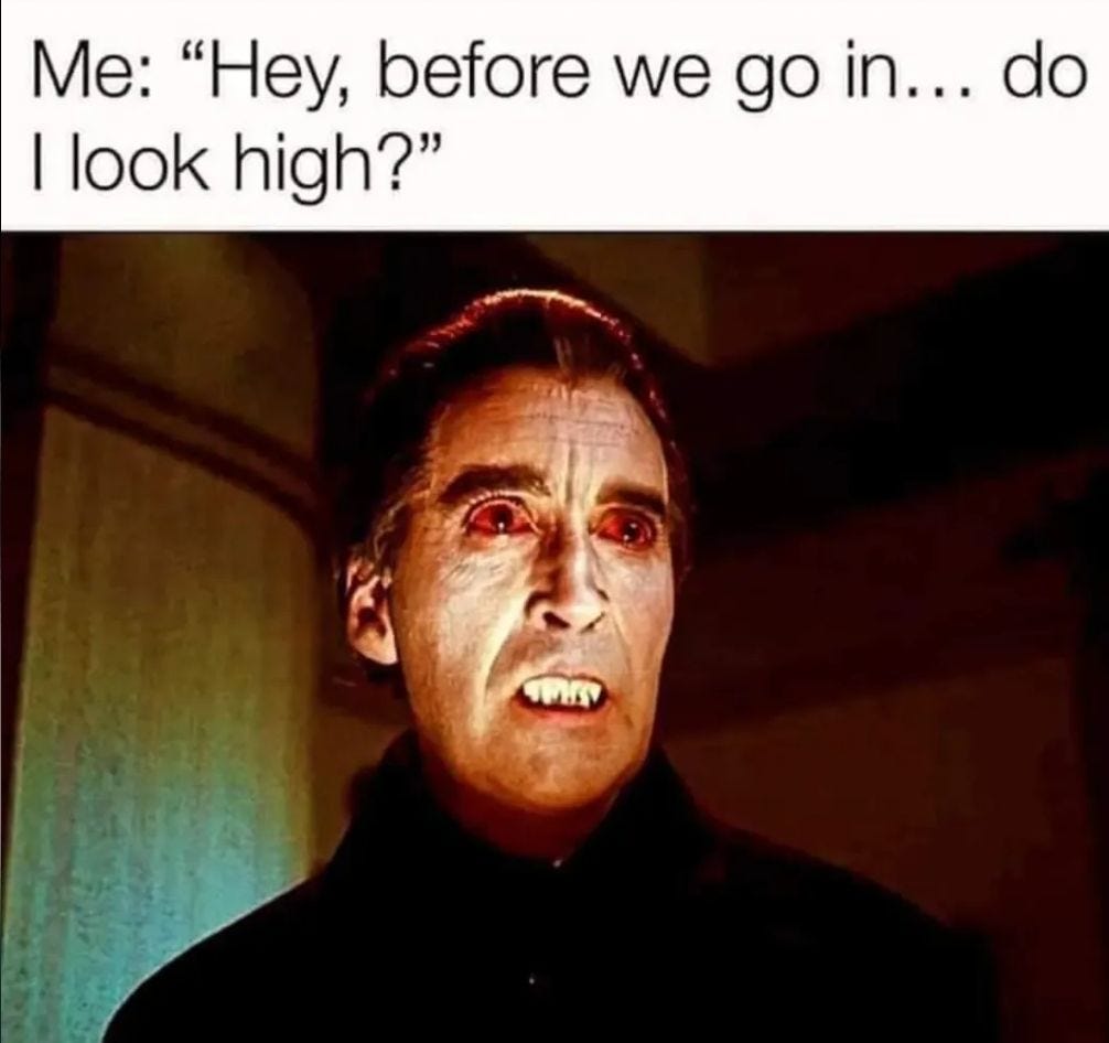 May be an image of 1 person and text that says 'Me: "Hey, before we go in...do do in... I look high?"'