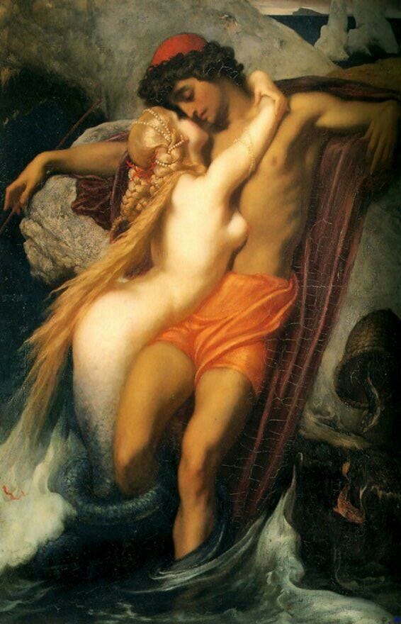 This may contain: a painting of two people in the water with one woman laying on top of another