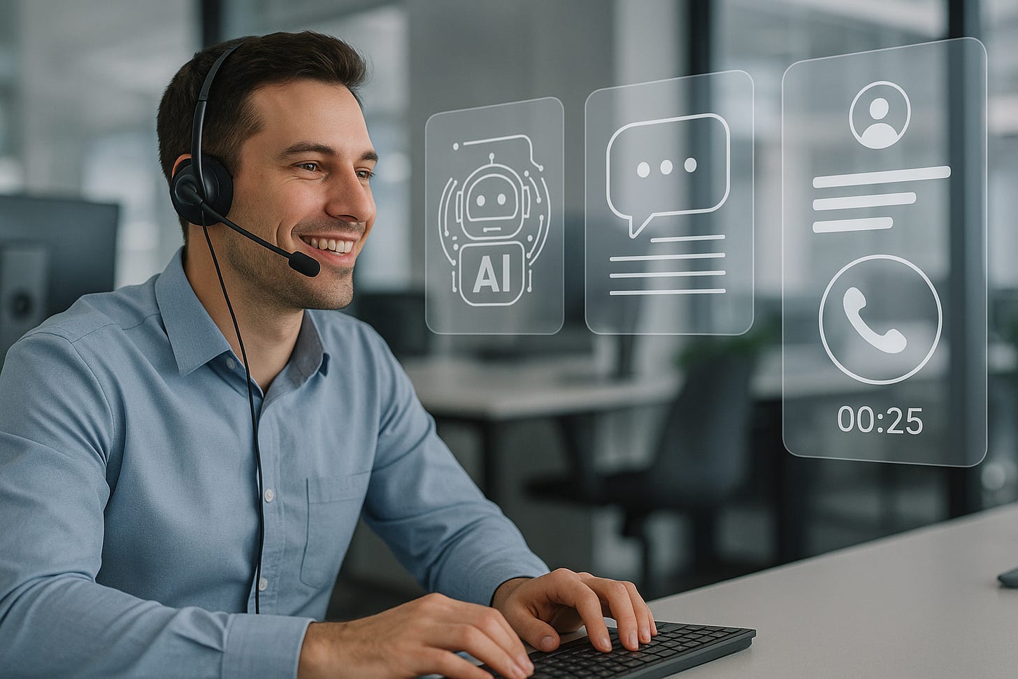 Modern customer service representative wearing headset working alongside AI-powered screens and interfaces, showing seamless integration of human and artificial intelligence in a contact center environment