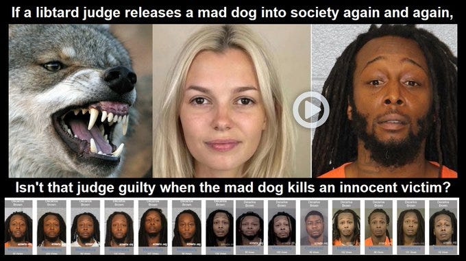 A wolf baring its teeth, a woman with blonde hair, and a man with dreadlocks and a beard. Below them, text reads, "If a libtard judge releases a mad dog into society again and again, isn\'t that judge guilty when the mad dog kills an innocent victim?" At the bottom, a row of mugshots shows multiple men. A wolf baring its teeth, a woman with blonde hair, and a man with dreadlocks and a beard. Below them, text reads, "If a libtard judge releases a mad dog into society again and again, isn\'t that judge guilty when the mad dog kills an innocent victim?" At the bottom, a row of mugshots shows multiple men.