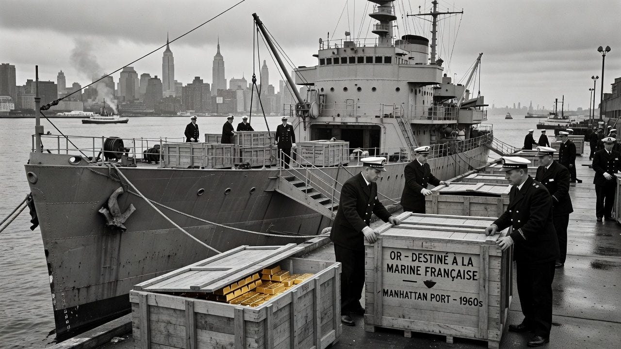 Naval officers loading gold bars onto French Marine ship at Manhattan Port 1960s
