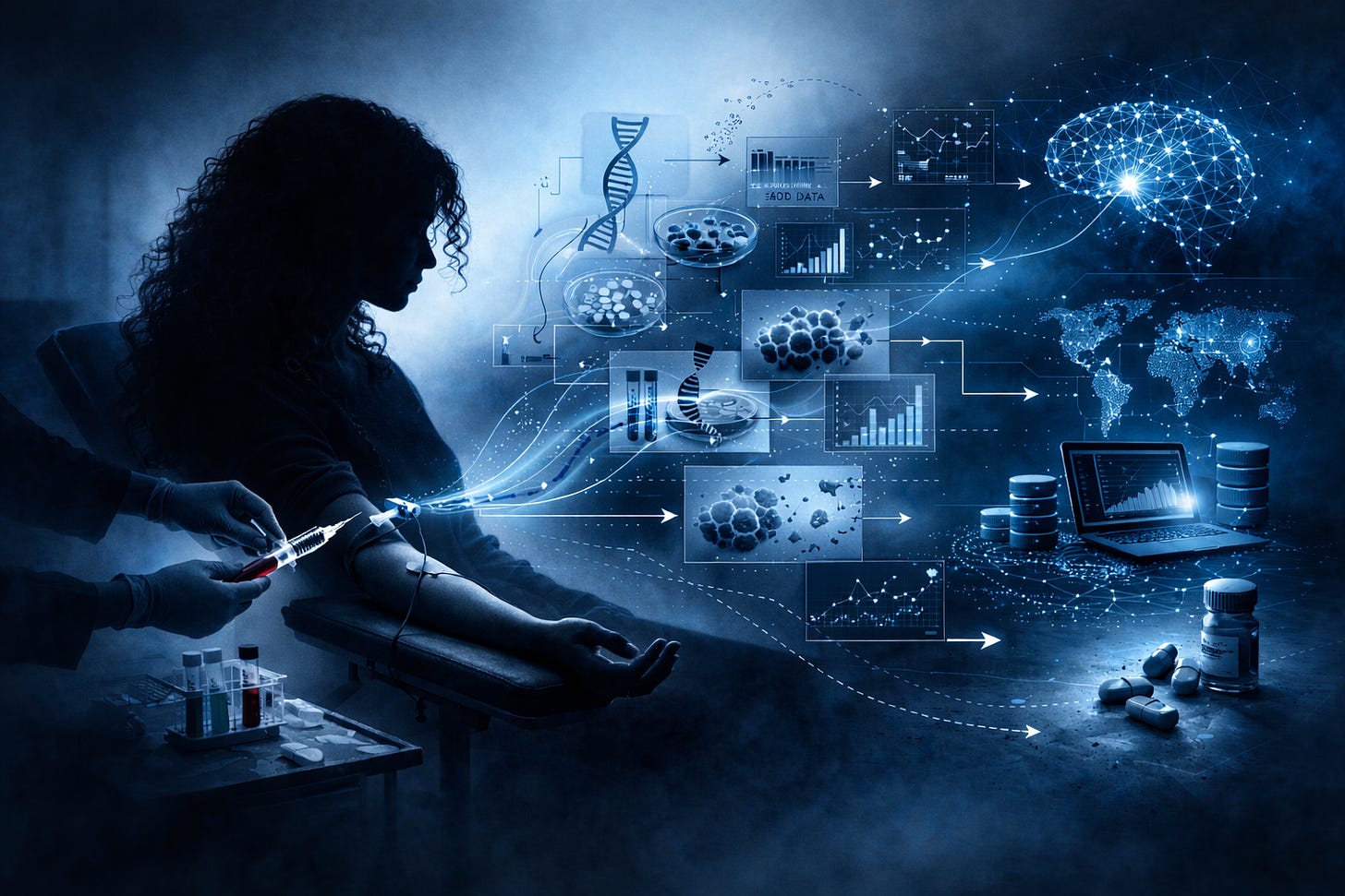A shadowed silhouette of a woman with long curly dark hair receiving a blood draw in cool blue and black tones. In the background, abstract digital patterns and molecular shapes suggest biological data moving into computational systems. A shadowed silhouette of a woman with long curly dark hair receiving a blood draw in cool blue and black tones. In the background, abstract digital patterns and molecular shapes suggest biological data moving into computational systems.