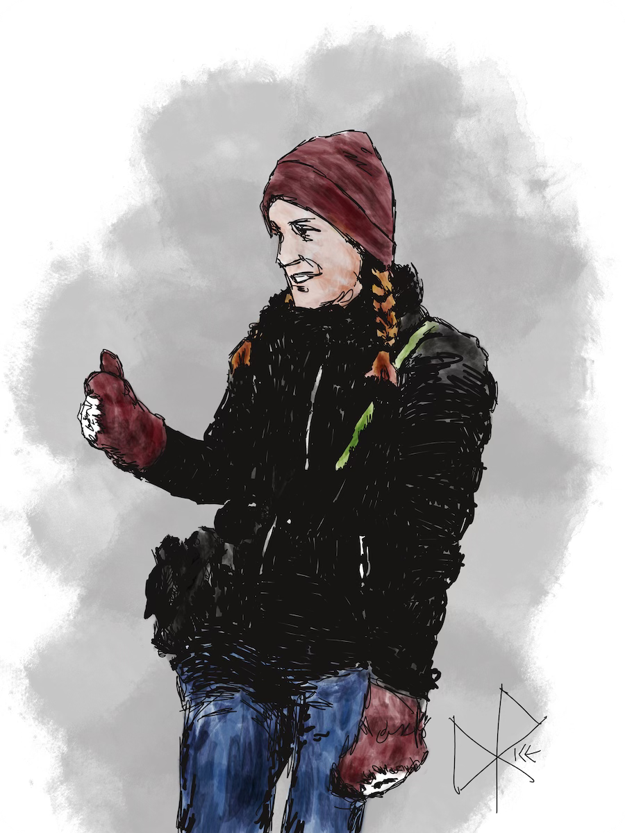 A smiling woman in a winter coat and red Canadian mitts and toque. Sketch art by Don Rice.