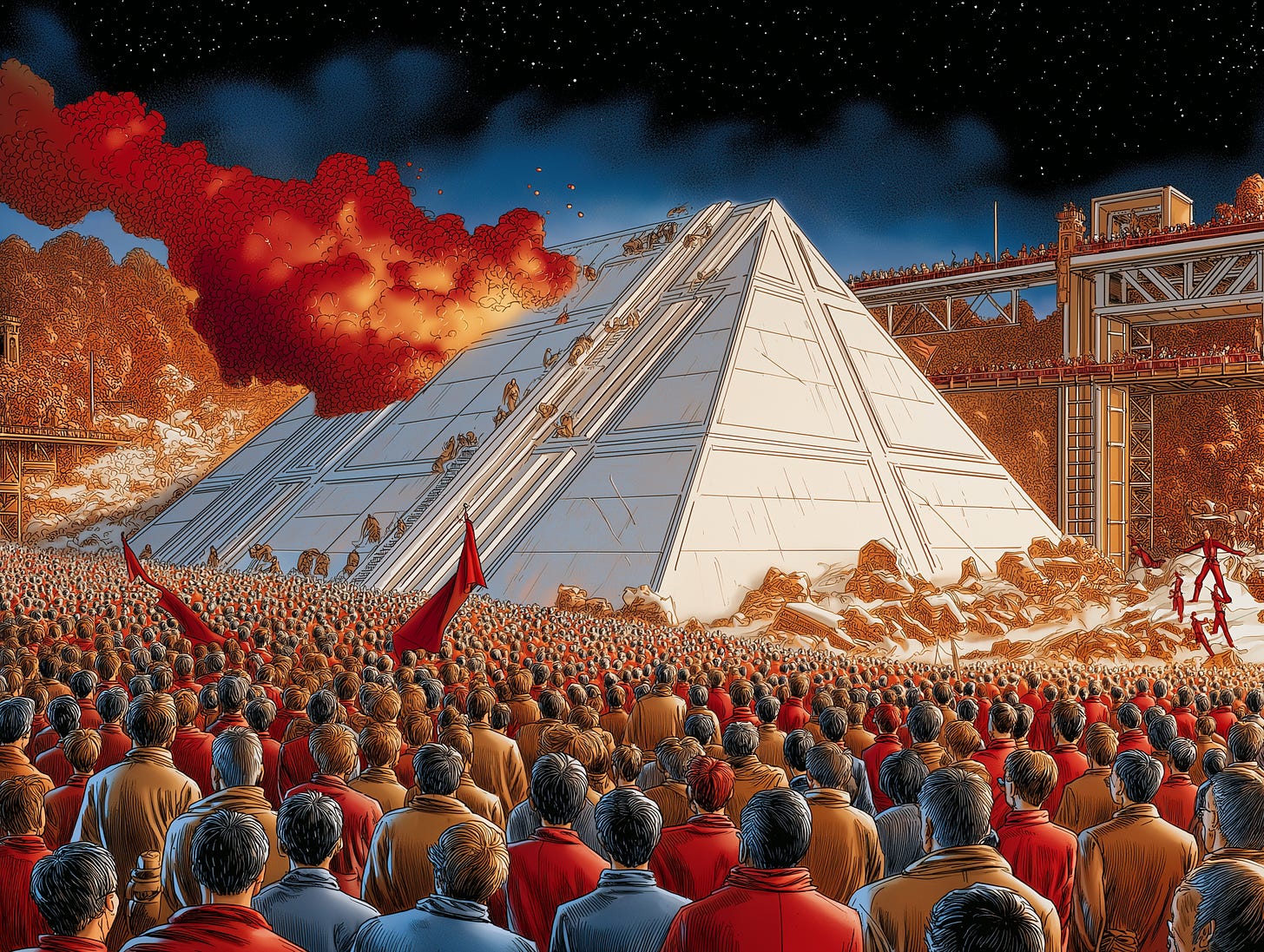 Science fiction illustration of a futuristic AI supercomputer, on fire, surrounded by an angry mob