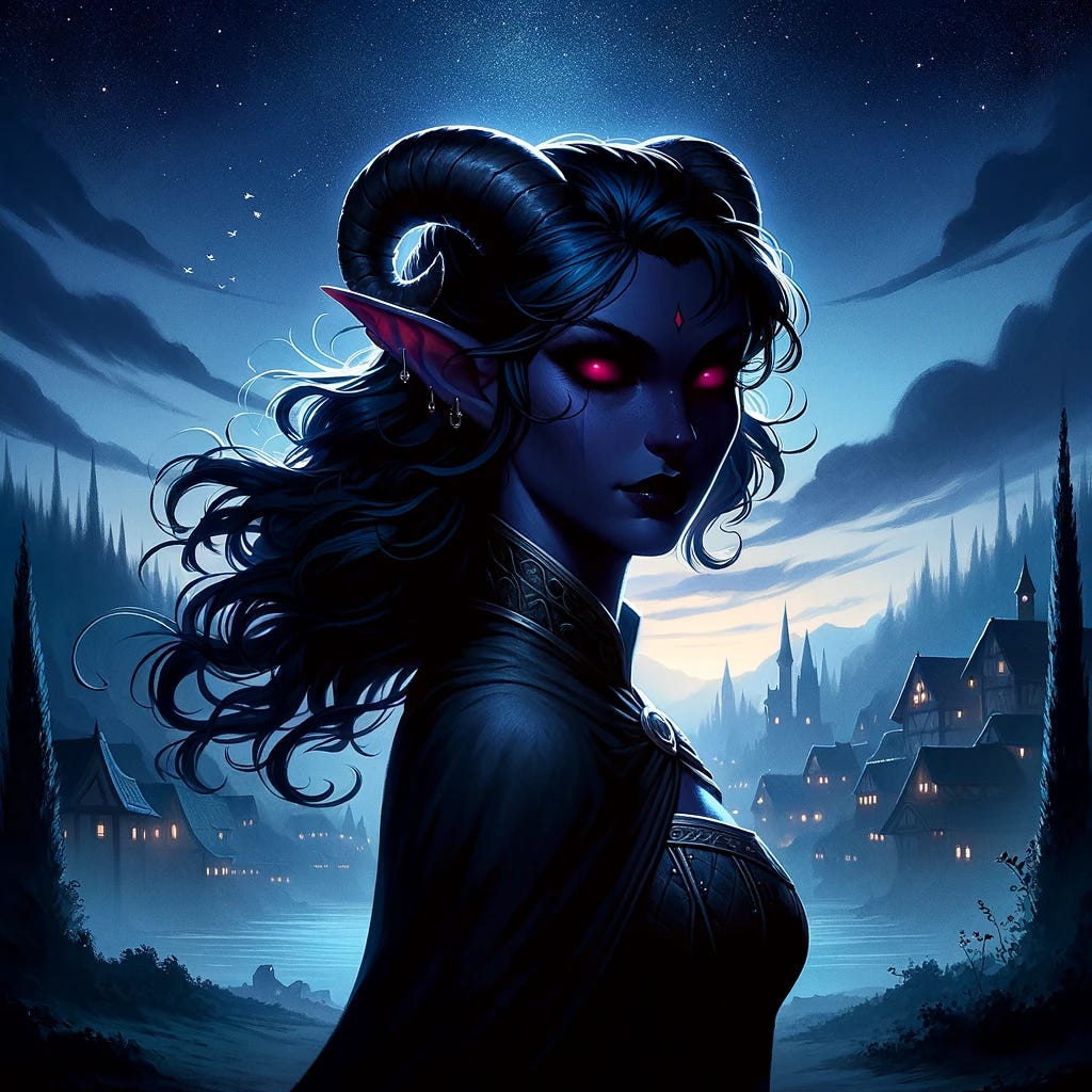 A young tiefling woman, Seraphina, depicted as a silhouette, emphasizing her mysterious and cunning nature. The image is set on the outskirts of a fantasy town, Elderglen, under a starlit sky just before dawn. Seraphina has distinct tiefling features, including elegant horns, and her deep blue hair flows behind her. Her crimson eyes glow beneath the night sky, reflecting her ambition and intelligence. The background shows the faint outline of the Whispering Willow statue and the distant lights of the town. The atmosphere is enchanting yet slightly ominous, capturing the essence of a fantasy fiction motif.