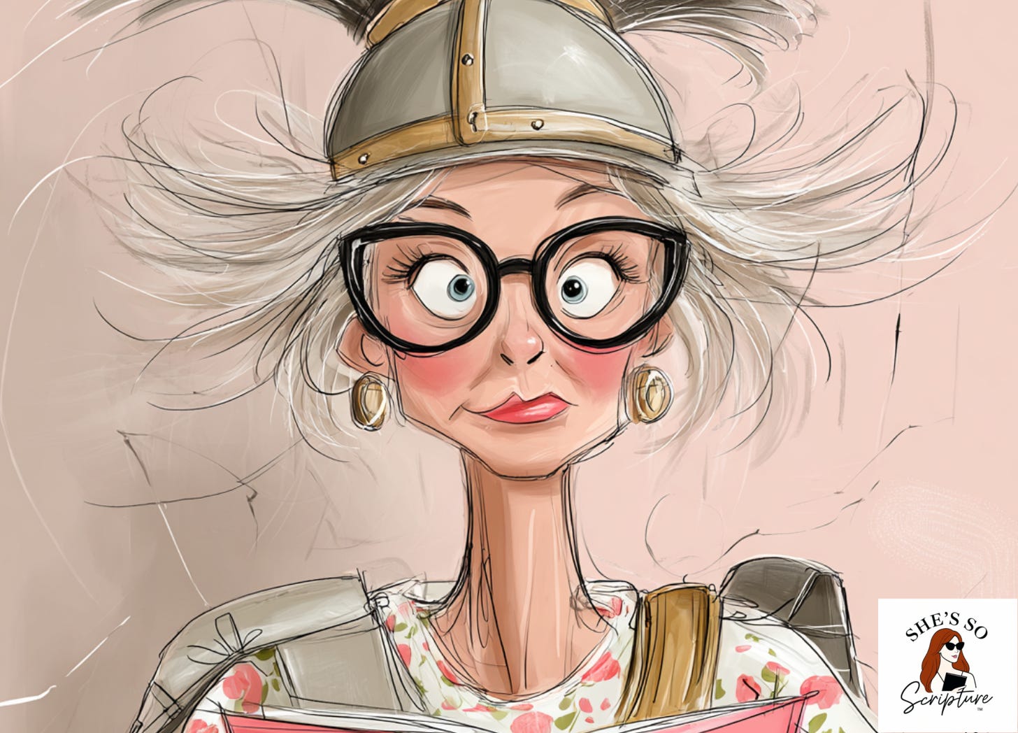 Whimsical fashion illustration of a confident middle-aged woman with voluminous teased hair wearing a Roman breastplate over a floral blouse, helmet perched atop her hair, standing in front of a Sunday school felt board, watercolor and ink style in blush pink and cream tones.
