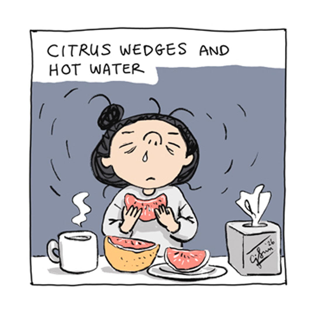 Panel 1 of a 6-panel comic about the comforts of a sick day. Panels illustrate a cartoon girl with a bun recovering from a cold and finally getting the rest she needs. Titled "Sick Day Comforts." Original artwork by Connie Sun, cartoonconnie, 2026. Panel 1 of a 6-panel comic about the comforts of a sick day. Panels illustrate a cartoon girl with a bun recovering from a cold and finally getting the rest she needs. Titled "Sick Day Comforts." Original artwork by Connie Sun, cartoonconnie, 2026.