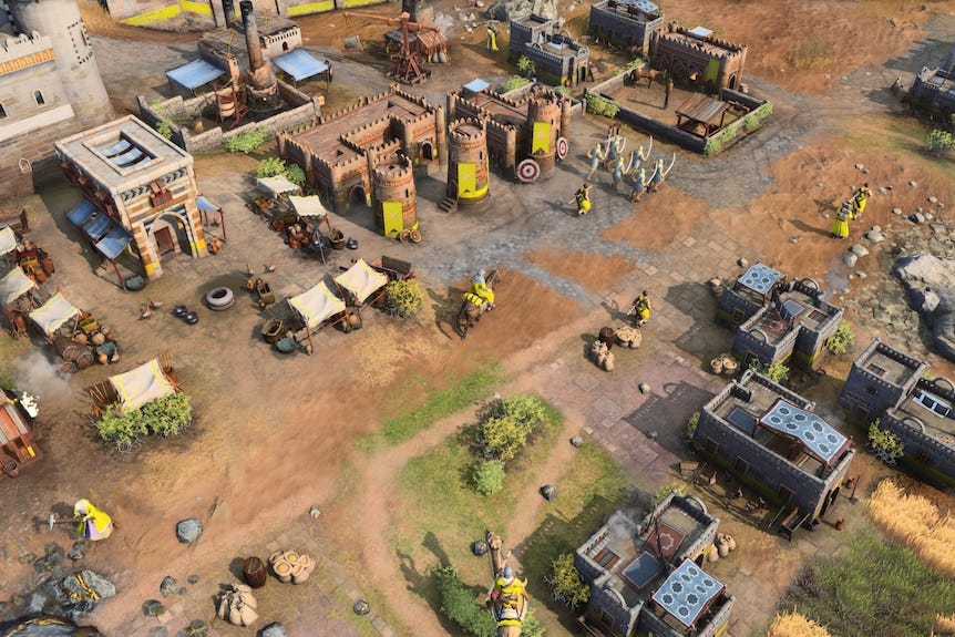 A medieval arabic style city with soldiers and buildings top down view, video game screenshot