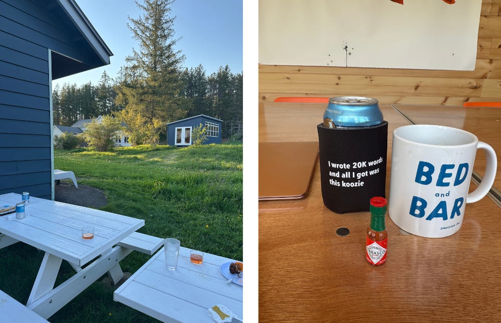 Two pictures, on the left two picnic tables at sunset with glasses of wine, on the right, a mug that says Bed and Bar, a small bottle of Tabasco, and a koozie that says "I wrote 20K words and all I got was this koozie"