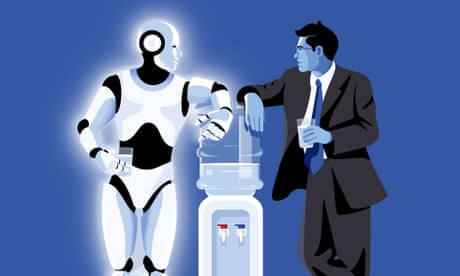 Illustration of humanoid robot and a person chatting together over a water cooler