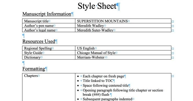 A Word Document titled "Style Sheet" with underlined headings followed by tables of information specific to a novel-in-progress.