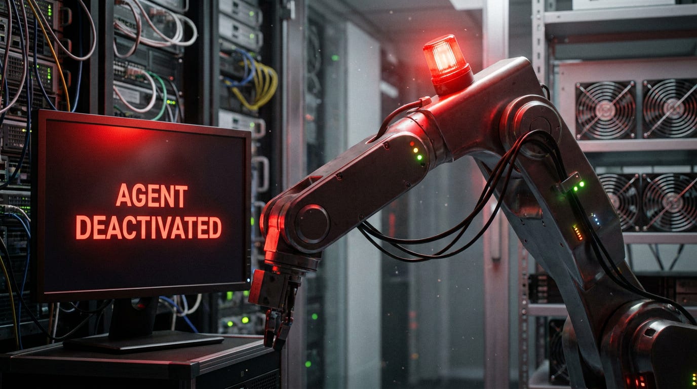 Cận cảnh một cánh tay robot trong phòng máy chủ đang dần ngừng hoạt động, màn hình máy tính phía sau hiển thị cảnh báo màu đỏ về việc tắt tác vụ AI.