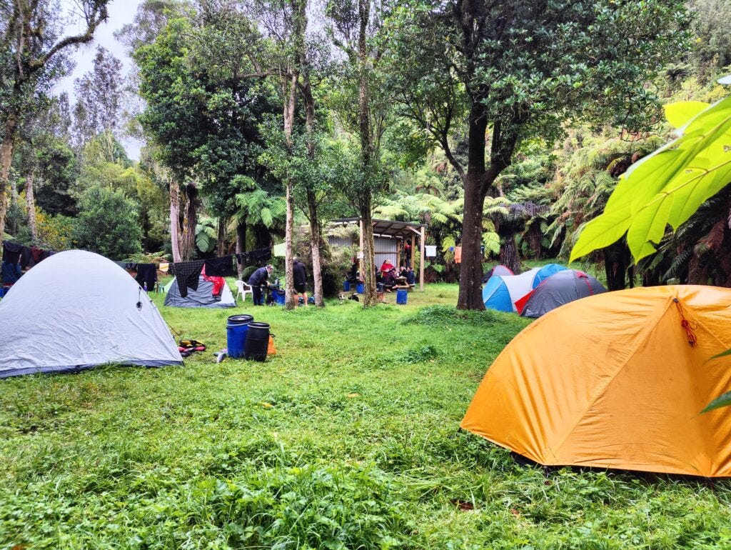 Tents and cooking shelter at Mangapapa Pā campsite