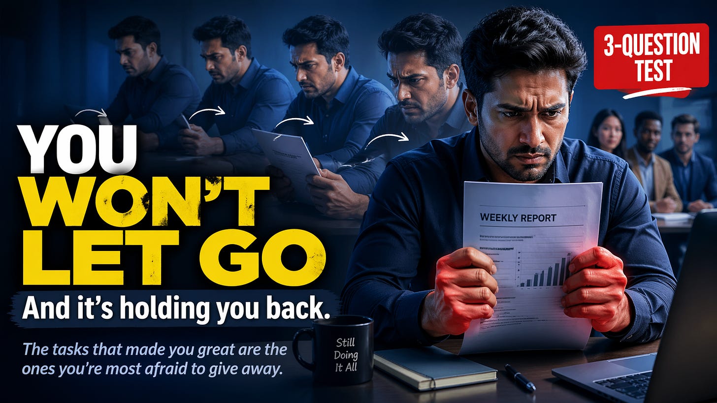 cinematic thumbnail of a tense office scene where a manager tightly holds a document labeled weekly report, symbolizing fear of delegation, with multiple faded repetitions of the same person showing a loop of overwork and control, disengaged employees in the background, cool blue lighting with red highlights on hands, and bold overlay text about leadership growth, delegation mindset, and a 3-question test for managers.
