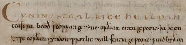 The Maxims II manuscript has a phrase that inspired Tolkien, Orthanc enta geweorc, on its second handwritten line. It originally meant "cunning work of giants"; Tolkien chose to read it differently, creating a tower named Orthanc and tree-giants called Ents.
