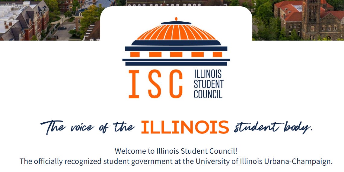 ISG's current website page. Reading "The voice of the ILLINOIS Student body. Welcome to Illinois Student Council! The officially recognized student government at UIUC.