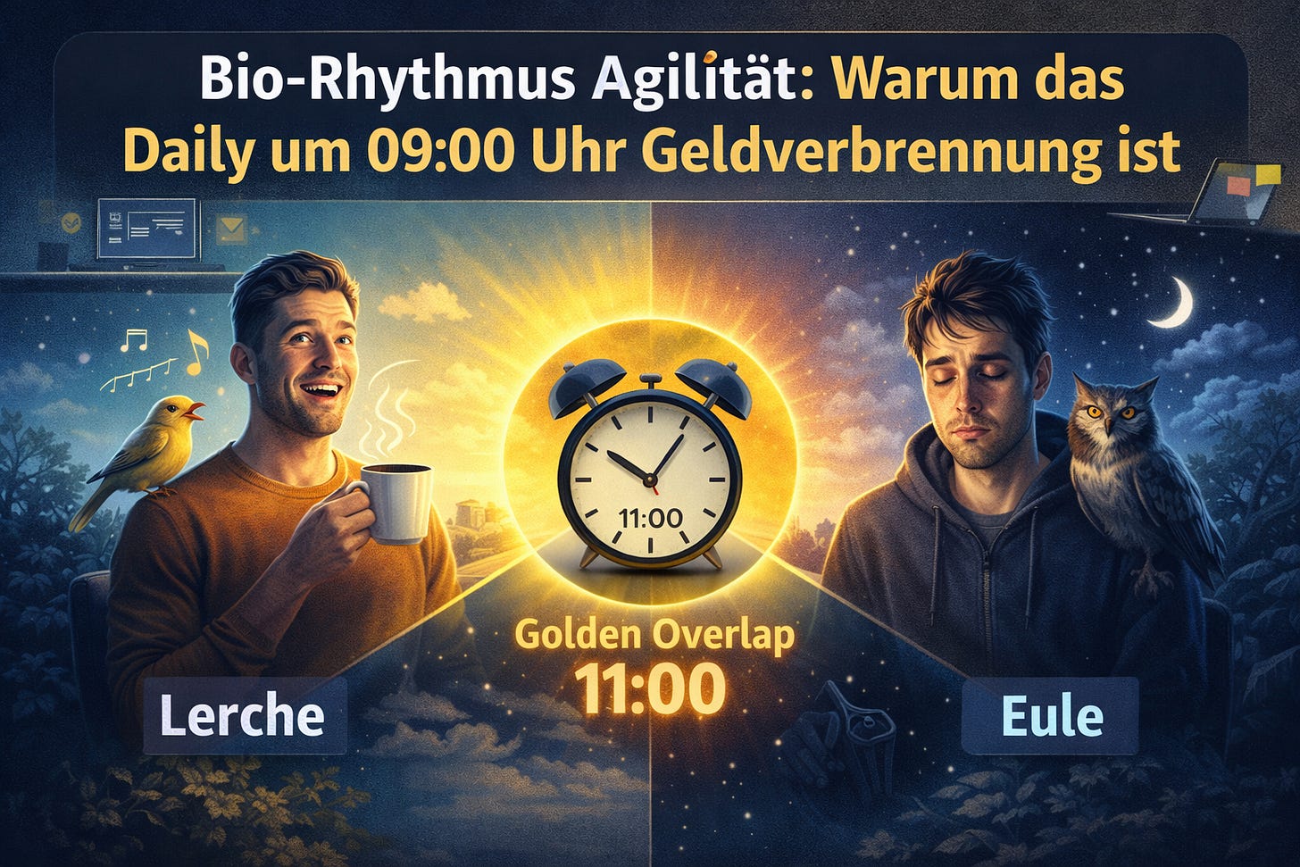 Zwingen Sie Ihre "Eulen" in frühe Meetings? Erfahren Sie, wie Bio-Rhythmus Agilität und "Golden Overlaps" die Team-Produktivität massiv steigern. Zwingen Sie Ihre "Eulen" in frühe Meetings? Erfahren Sie, wie Bio-Rhythmus Agilität und "Golden Overlaps" die Team-Produktivität massiv steigern.