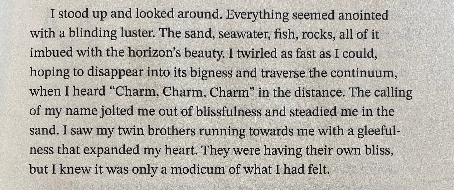 I stood up and looked around. Everything seemed anointed with a blinding luster. The sand, seawater, fish, rocks, all of it imbued with the horizon’s beauty. I twirled as fast as I could, hoping to disappear into its bigness and traverse the continuum, when I heard “Charm, Charm, Charm” in the distance. The calling of my name jolted me out of blissfulness and steadied me in the sand. I saw my twin brothers running towards me with a gleeful‐ness that expanded my heart. They were having their own bliss, but I knew it was only a modicum of what I had felt.