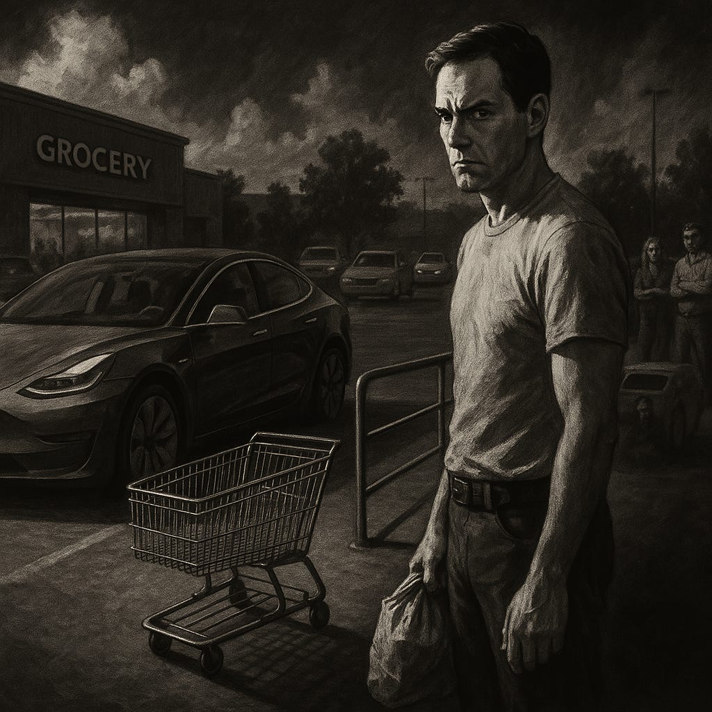 Thumbnail Image A black and white realistic illustration capturing a moment in a grocery store parking lot. A man is standing beside his sleek Tesla, having just loaded the last bag of organic quinoa. He locks eyes with a shopping cart corral ten feet away. The cart is still beside him. The scene is tense and cinematic, as if frozen in a moral dilemma. The man’s expression is unreadable—caught between decision and indecision. In the background, suburban cars and a few onlookers subtly watch. The mood is introspective, with high contrast shadows and dramatic lighting, evoking themes of judgment, ambiguity, and the illusion of moral clarity. Thumbnail Image A black and white realistic illustration capturing a moment in a grocery store parking lot. A man is standing beside his sleek Tesla, having just loaded the last bag of organic quinoa. He locks eyes with a shopping cart corral ten feet away. The cart is still beside him. The scene is tense and cinematic, as if frozen in a moral dilemma. The man’s expression is unreadable—caught between decision and indecision. In the background, suburban cars and a few onlookers subtly watch. The mood is introspective, with high contrast shadows and dramatic lighting, evoking themes of judgment, ambiguity, and the illusion of moral clarity.