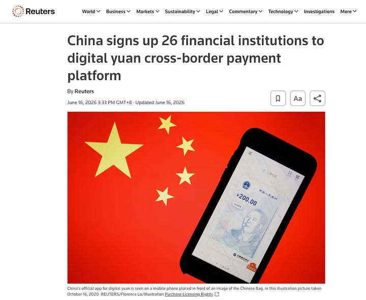https://www.reuters.com/world/asia-pacific/china-signs-up-26-financial-institutions-digital-yuan-cross-border-payment-2026-06-16/