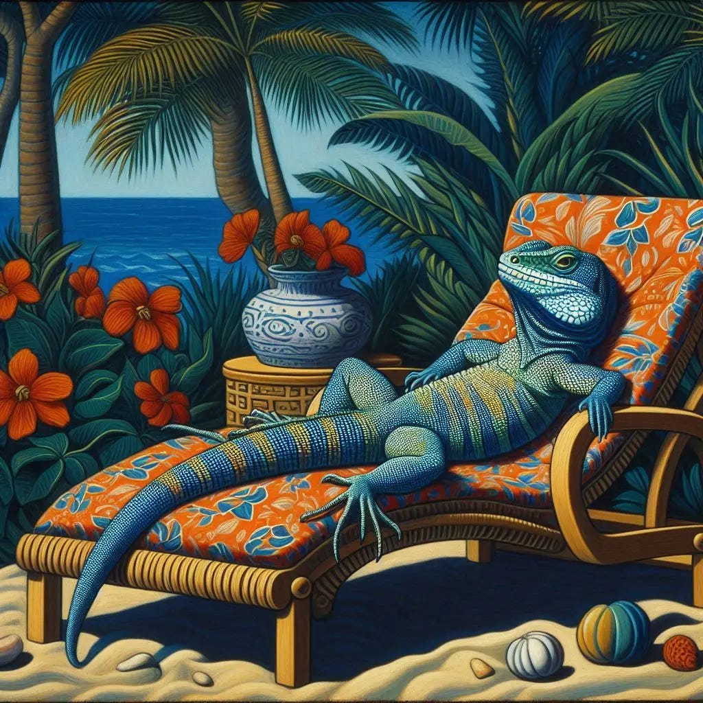 blue-bellied lizard in a lounge chair in the style of henri rousseau
