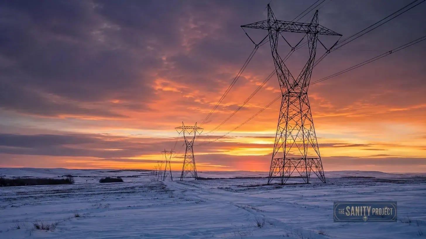Electrical transmission towers crossing a snowy prairie, showing how Canada's energy policy shapes which provinces can grow food affordably.