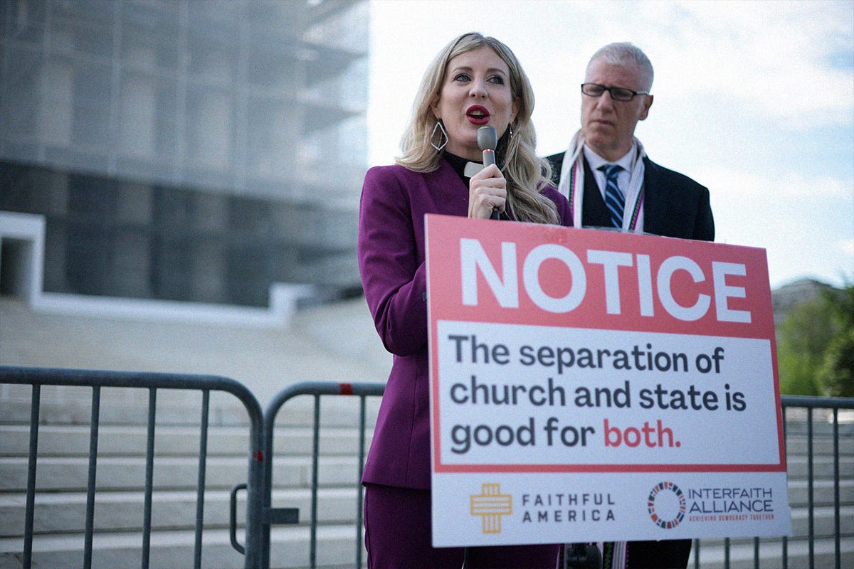 Rev. Shannon Fleck (L), Executive Director of Faithful America, speaks as Rev. Paul Brandeis Raushenbush, President and CEO of Interfaith Alliance, listens during a news conference outside the U.S. Supreme Court on April 30, 2025 in Washington, DC.
