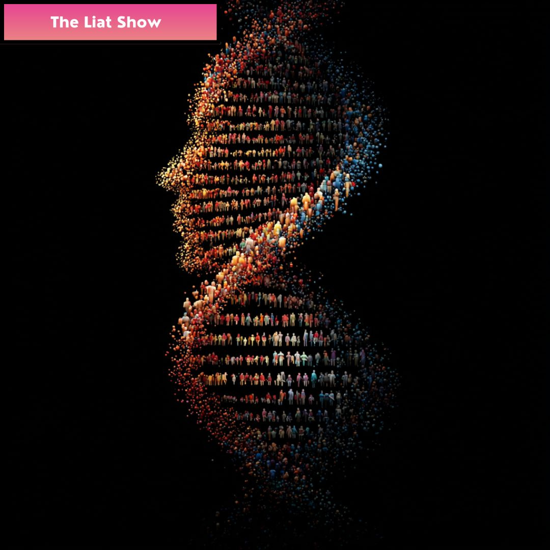 Liat Portal for The Liat Show: Build a Human Genome for the Internet, Strands of People. Profile silhouette and DNA double helix formed from thousands of tiny human figures on a black background, symbolizing a layered "human genome" of verification to tell real people from bots.