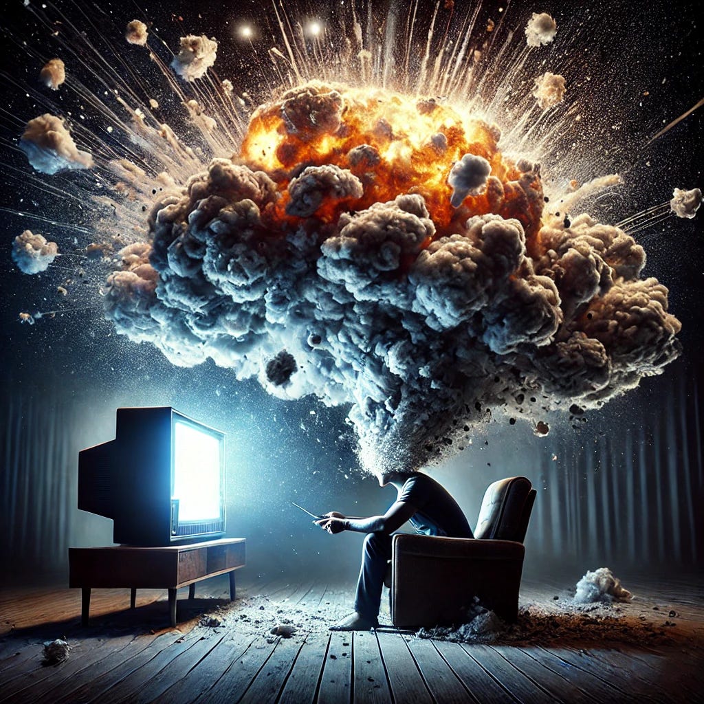 Uma cena fotorealista de uma pessoa assistindo à TV com a cabeça explodindo em uma nuvem de fumaça e luz, simbolizando confusão mental. A TV exibe apenas estática, criando um efeito perturbador. A pessoa segura um balde de pipoca, com alguns grãos voando pelo ar devido à explosão. O ambiente é uma sala de estar escura, iluminada apenas pelo brilho frio da TV. A expressão da pessoa antes da explosão é de intenso foco e perplexidade.